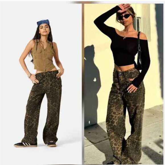 Aelfric Eden High Rise Wide Leg Leopard Animal Print Jeans Size 34/ US 18 - Picture 1 of 8